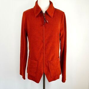 Soft Surroundings Burnt Orange Rust Fleece with Purple Tapestry Panels Cardigan